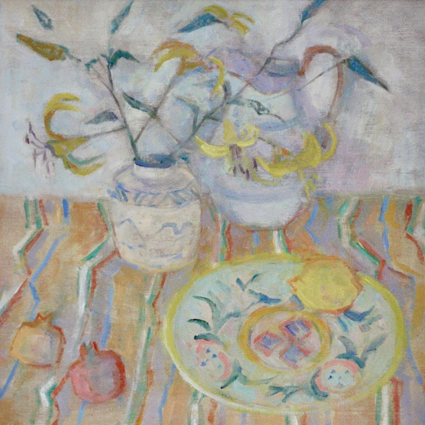 
                  
                    still life on a  striped tablecloth by June miles
                  
                