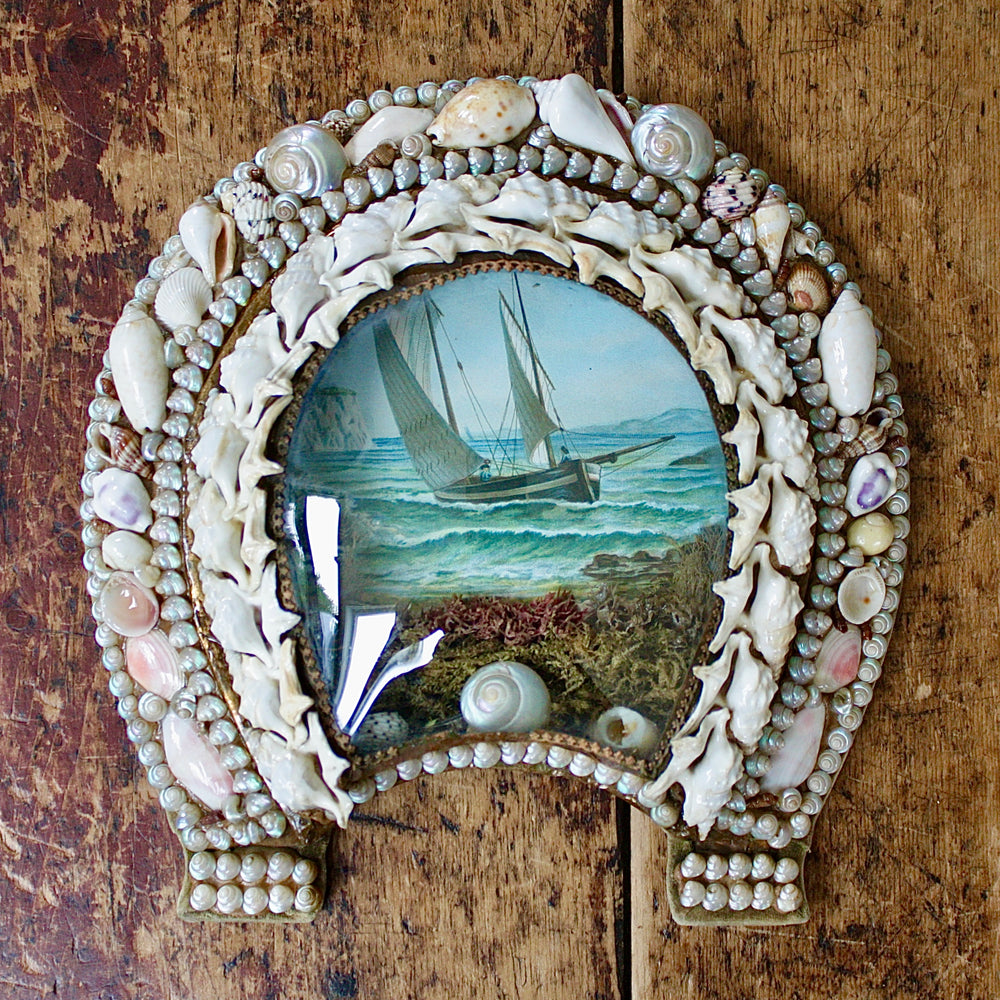 sailors valentine, victorian keepsake shell lucky horseshoe.