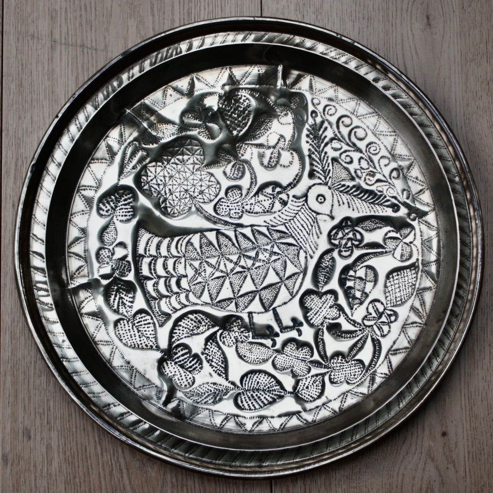 brass charger from old calabar with bird, efic circa 1910