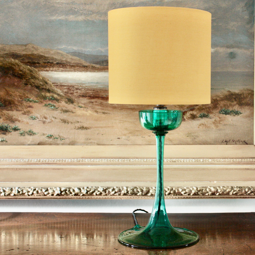 emerald green glass lamps, a pair