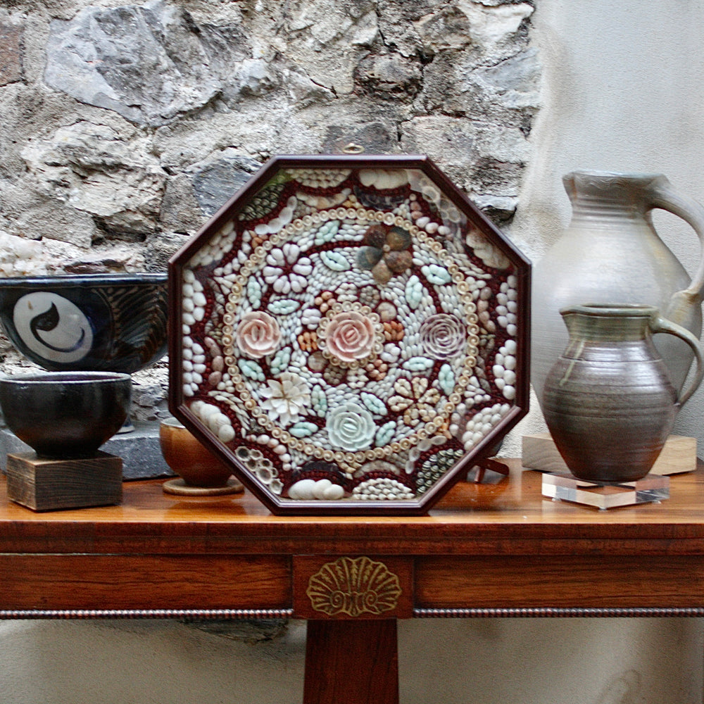 a large detailed late 20th century shell mosaic, sailors valentine.